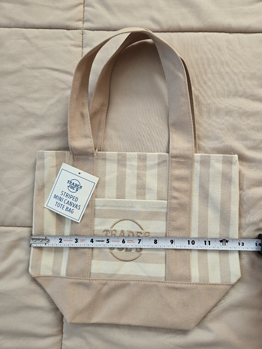 NWT Trader Joe's Mini Striped Tote Bag In Beige Tan - Picture 2 of 3